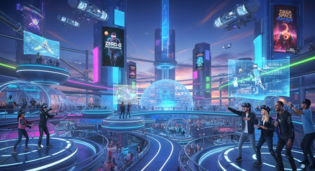 A vibrant, futuristic city at night, illuminated by neon lights and holographic advertisements, with towering skyscrapers and bustling crowds.の素材