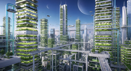 A vibrant, futuristic cityscape with towering buildings adorned with lush vertical gardens and sleek flying vehicles navigating the sky.の素材