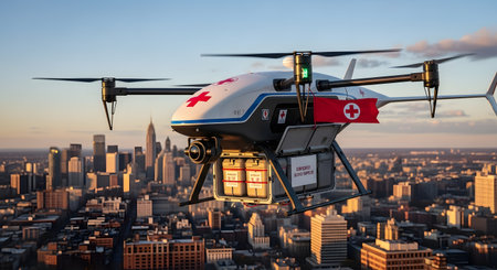 A white drone with a red cross logo flies over a city, carrying a cargo of medical supplies.の素材
