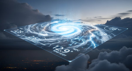 A glowing holographic projection of a swirling galaxy or nebula floats in the sky, displaying data and a numerical reading.の素材