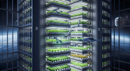 A towering vertical farm showcases rows of vibrant green plants under bright artificial lights, highlighting sustainable urban agriculture.の素材