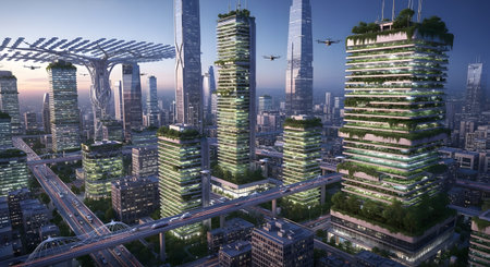 A sprawling futuristic metropolis with towering skyscrapers, illuminated windows, and elevated roadways, bathed in the soft light of dusk.の素材