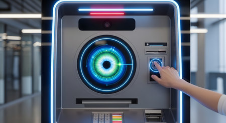 A person's hand interacts with a modern, sleek ATM featuring a vibrant, circular digital display and neon blue lighting.の素材