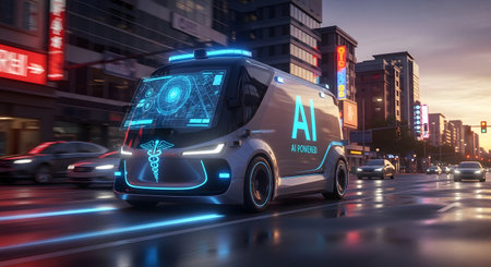 A high-tech AI ambulance with glowing blue lights drives through a rain-slicked city street as dusk settles, reflecting neon signs.の素材