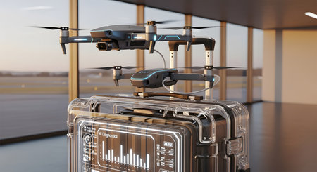 Three drones are positioned on a metallic, textured suitcase. The background suggests an indoor space with large windows and a view of the outdoors.の素材