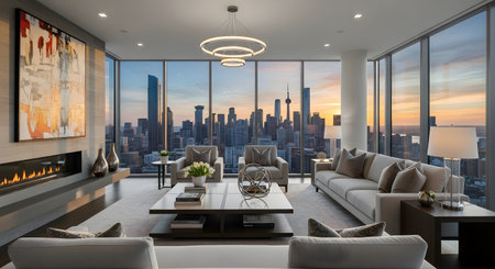 A contemporary living room with large windows showcasing a breathtaking city skyline at sunset, featuring comfortable seating and modern decor.の素材