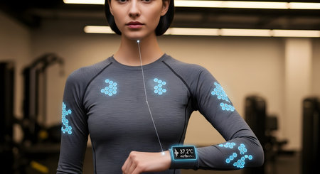 A focused woman stands in a gym, wearing a long-sleeved athletic shirt and a smartwatch on her wrist.の素材