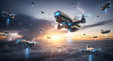 A fleet of advanced spacecraft engage in a dramatic aerial combat amidst a breathtaking sunset and clouds.の素材