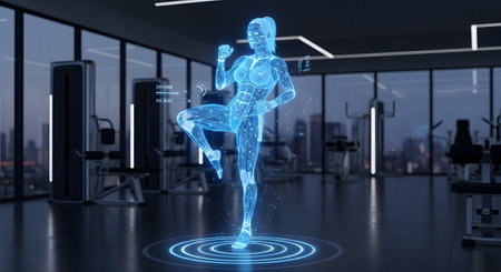 A futuristic blue holographic projection of a Muay Thai fighter in a dynamic pose stands in a sleek, modern gym with exercise equipment.の素材