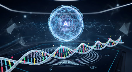 A glowing AI orb hovers above a vibrant DNA helix, symbolizing the intersection of artificial intelligence and genetic science in a futuristic setting.の素材