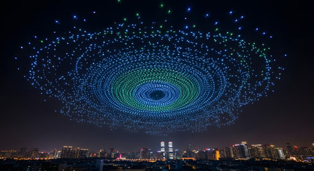 Thousands of illuminated drones form a large, intricate circular pattern against the night sky, showcasing a breathtaking aerial light show above a city.の素材
