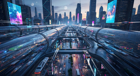 A high-speed view through a futuristic transport tube, looking out at towering skyscrapers adorned with vibrant digital advertisements.の素材
