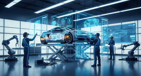 Engineers interact with a holographic car model in a modern factory, surrounded by robotic arms and advanced technology.の素材