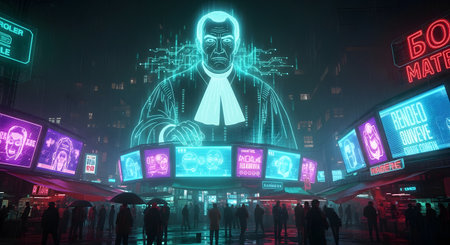 A colossal, glowing figure dominates a vibrant, futuristic city illuminated by neon signs and digital displays at night.の素材