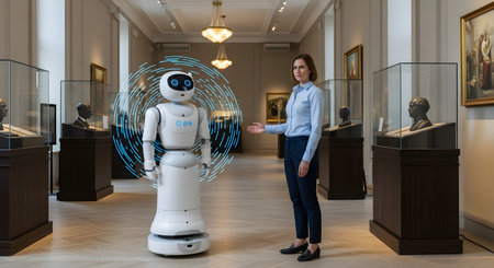 A woman stands near a humanoid robot in a museum hallway, surrounded by artwork and sculptures.の素材