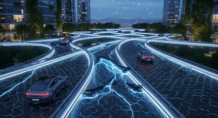 A vibrant, high-tech cityscape at night, featuring glowing blue highways and sleek electric vehicles navigating complex interchanges.の素材