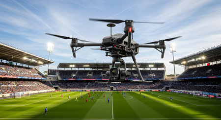 A drone hovers above a vibrant green soccer field in a packed stadium, capturing dynamic aerial footage of the event.の素材