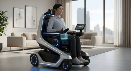 A man sits in a futuristic electric wheelchair with a digital display and comfortable seating, showcasing advanced mobility and accessibility.の素材
