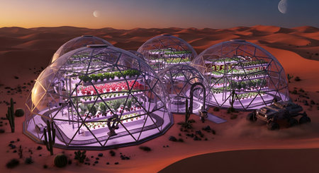 A sprawling, illuminated biodome complex on a barren, sandy planet, with lush green plants growing inside and a moon in the sky.の素材
