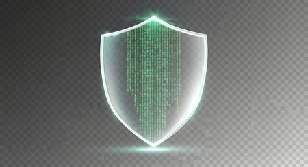 A translucent shield made of glowing green binary code stands as a symbol of digital security and protection against cyber threats.の素材
