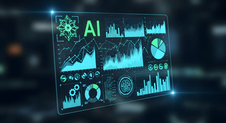 A glowing transparent screen showcases AI technology with intricate charts, graphs, and data patterns against a blurred background.の素材