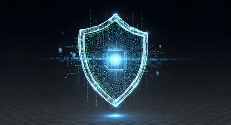 A glowing blue digital shield with circuit board patterns and a bright center, symbolizing online security and data privacy.の素材