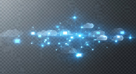 A cluster of bright blue glowing particles and light streaks creates an ethereal, energetic abstract background effect.の素材