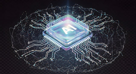 A luminous, diamond-shaped microchip at the center of a complex, glowing circuit board against a dark background.の素材