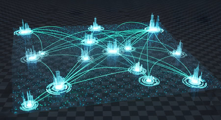 A digital representation of interconnected nodes, glowing with vibrant blue light, forming a complex network on a dark background.の素材