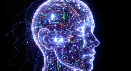 A translucent, glowing outline of a human head filled with intricate digital circuits and data streams against a dark background.の素材