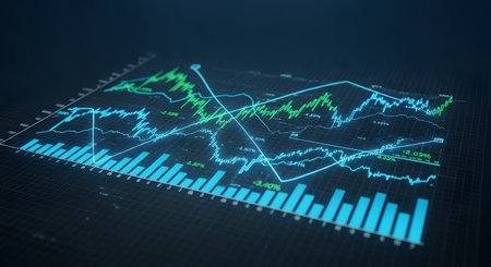 Abstract glowing neon lines and bars represent complex financial data and stock market trends on a dark background.の素材