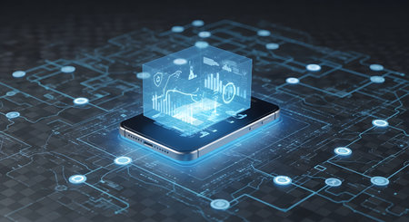 A glowing blue holographic cube displaying financial charts rises from a smartphone on a digital circuit board.の素材