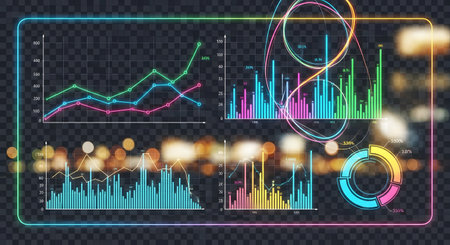 A vibrant, glowing digital interface displays multiple charts, graphs, and data visualizations against a blurred bokeh background.の素材