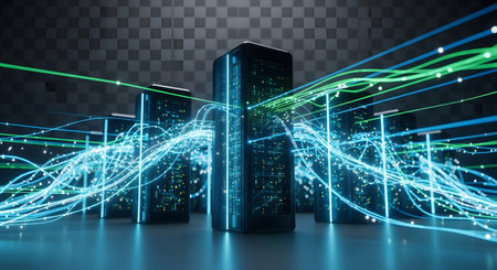 Towering server racks are illuminated by vibrant blue and green light streams, representing data flow and network connectivity in a modern data center.の素材