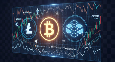 A futuristic digital interface displays cryptocurrency logos, charts, and financial data, suggesting trading and market analysis.の素材