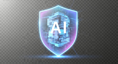 A futuristic, translucent shield with the letters AI prominently displayed, emanating a bright blue and purple glow against a dark, textured background.の素材
