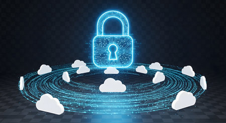 A glowing digital padlock hovers above a circular network of cloud icons, symbolizing secure cloud computing and data protection.の素材
