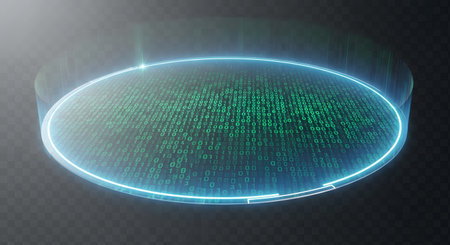 A vibrant green digital matrix glows within a translucent, futuristic blue ring, set against a dark, smoky background.の素材