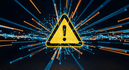A bright yellow warning triangle with an exclamation mark is centered against a background of abstract, colorful light streaks.の素材