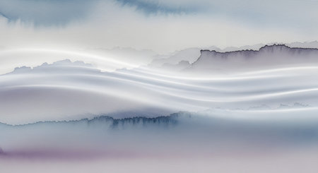 A serene abstract watercolor painting featuring flowing lines and soft gradients of blue, purple, and grey, evoking a misty landscape.の素材