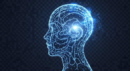 A luminous, wireframe human head profile glows with intricate digital connections, representing artificial intelligence and the human mind.の素材