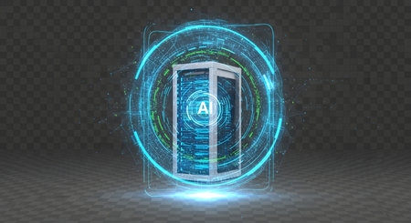 A tall, white server rack is encased within a vibrant, swirling blue energy portal, suggesting advanced technology and data security.の素材