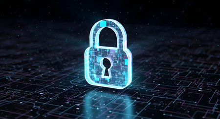A bright blue, glowing padlock icon hovers above a dark, textured circuit board, symbolizing digital security and data protection.の素材