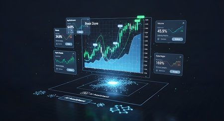 A glowing blue chart displays an upward trend against a dark background, surrounded by digital interfaces and data screens.の素材