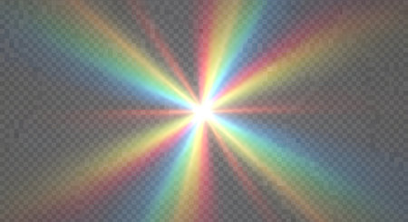 A bright, starburst-like light effect with a spectrum of rainbow colors radiating outwards against a transparent grid background.の素材