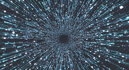 A dark background with a vortex of bright blue and white light streaks, creating a sense of speed and depth.の素材