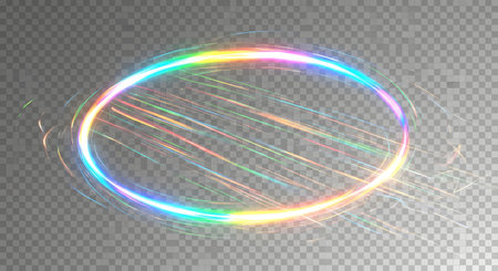 A glowing circular ring of light displays a rainbow spectrum of colors with streaks of light and sparkles emanating outwards.の素材