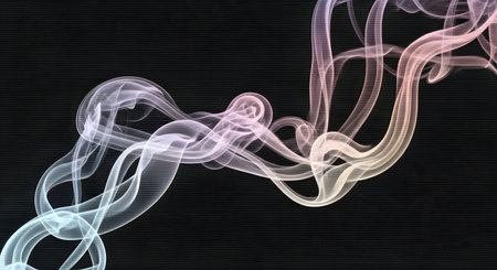 Ethereal wisps of colorful smoke, illuminated with pink, blue, and yellow hues, swirl elegantly against a dark, horizontally striped backdrop.の素材