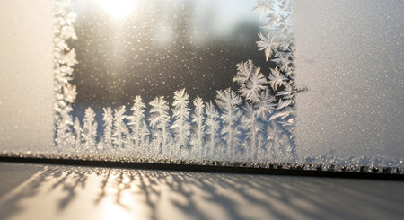 Delicate ice crystals form feathery patterns on a window, catching the soft light and casting long shadows.の素材