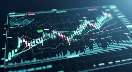 A close-up view of a digital screen displaying a complex stock market candlestick chart with fluctuating trends and data.の素材